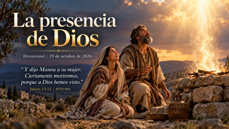 Ilustración bíblica de Manoa y su esposa contemplando con asombro una luz celestial junto a un altar de sacrificio. Devocional La presencia de Dios, Jueces 13:22.