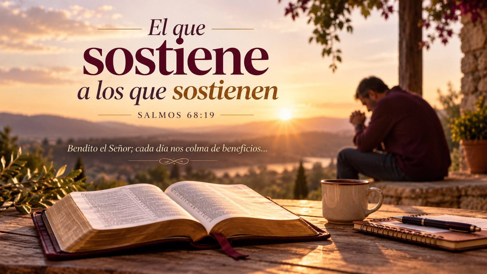 Portada del devocional El que sostiene a los que sostienen, basado en Salmos 68:19, con una Biblia abierta y una persona en oración al amanecer.